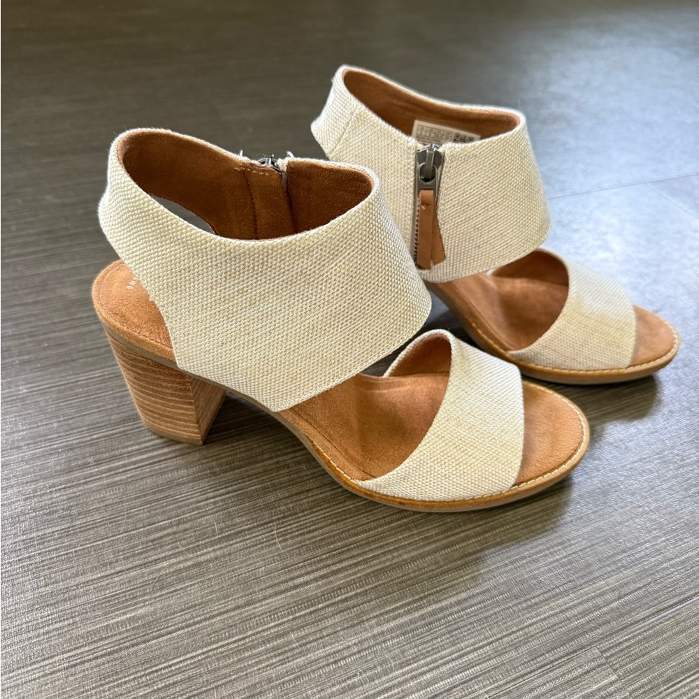 Toms Cream and Brown Heels with Open Toe Design